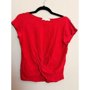 LOFT Twisted Front Knot Blouse Women's Red Short Sleeve Crew Neck Size S NWOT